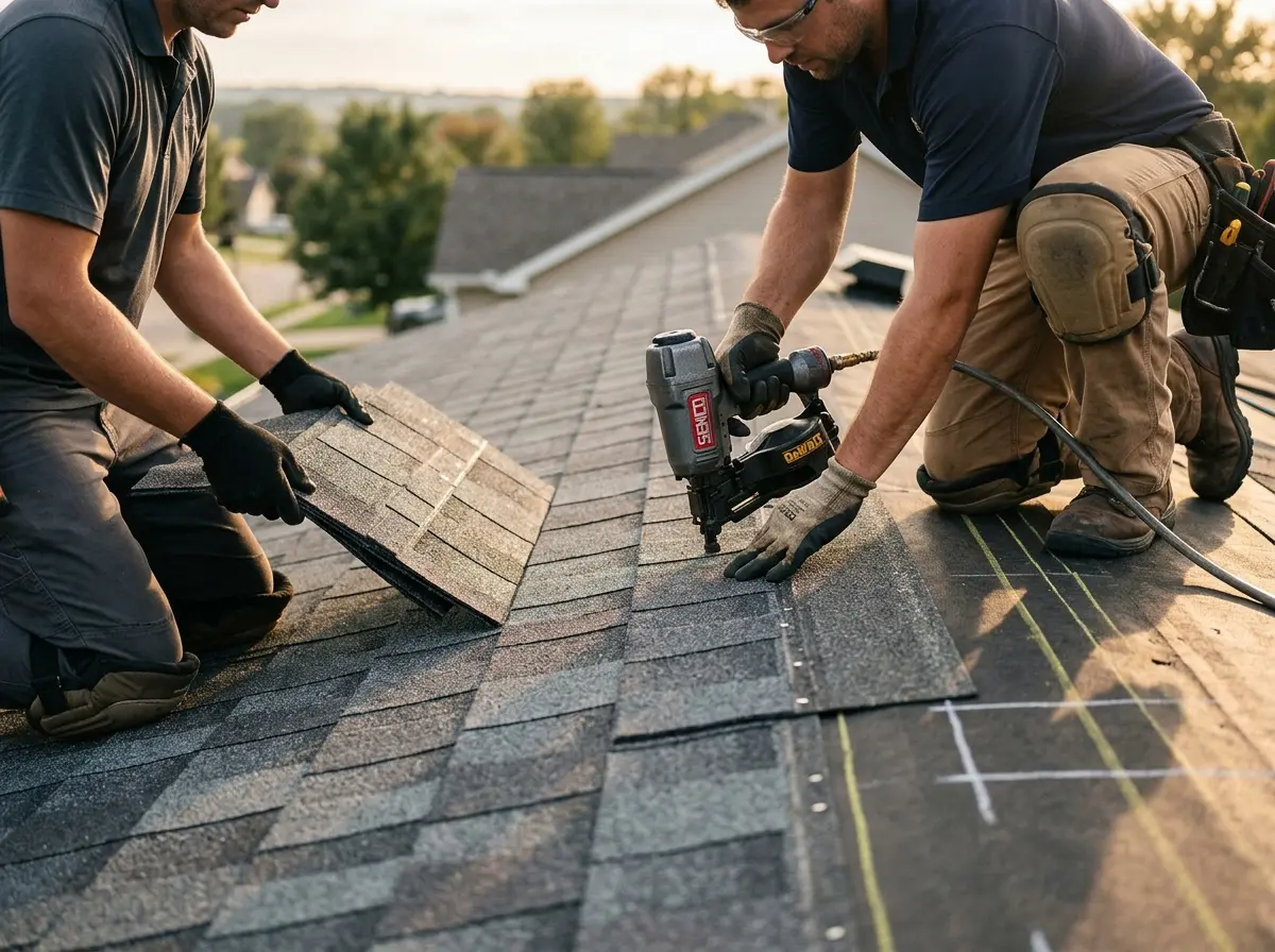 Professional roofer working on a residential roof in Glenville